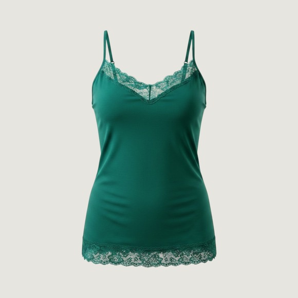 Express Tops - Express Emerald Green Lace Trim Camisole V-Neck Sleeveless Cami Top Y2K